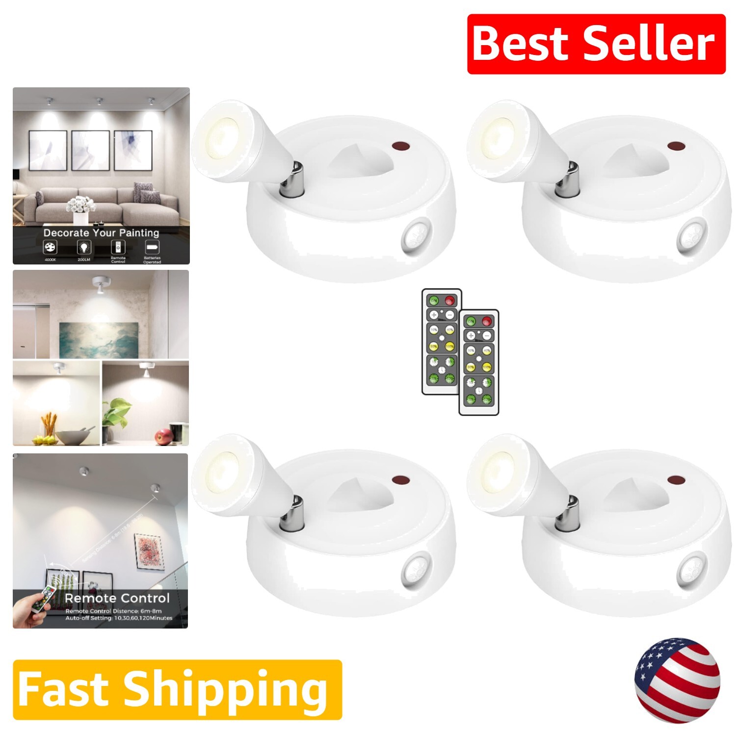 Small Uplights Battery Mini Spotlights - Dimmable LED Accent Light - 4 Pack