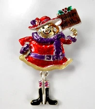 RED HAT SOCIETY Holiday Hat-itude Enamel Lady Santa Suit Holding Sign Pin Brooch