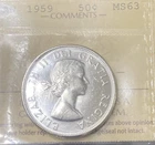 1959 ICCS Graded Canadian Silver .50 Cent, **MS 63** # XZJ 100-**