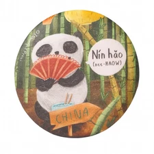 Cute Panda “Nǐn hǎo” China Pinback Button Bamboo Fan Design