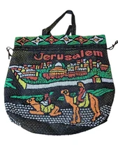 Jerusalem Beaded Tote Bag Cinch Draw String Holy Land Memorabilia Multicolor