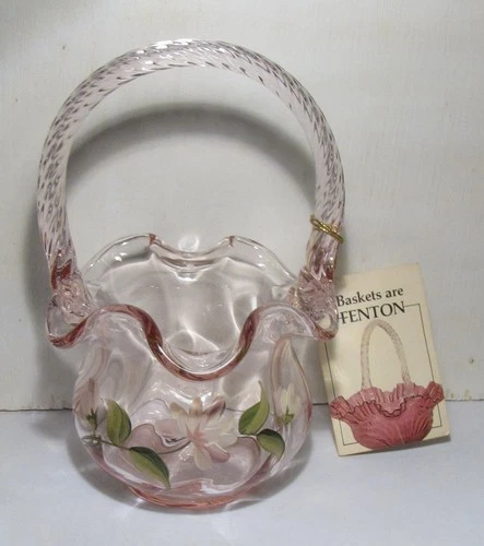 Vintage "Baskets Are Fenton" Light Pink Signed Hand Painted Ruffled 6" Basket