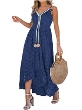 Cupshe Summer Slip Boho Maxi Dress Lace Up Tassel V-Neck Flare Ruffle UK L