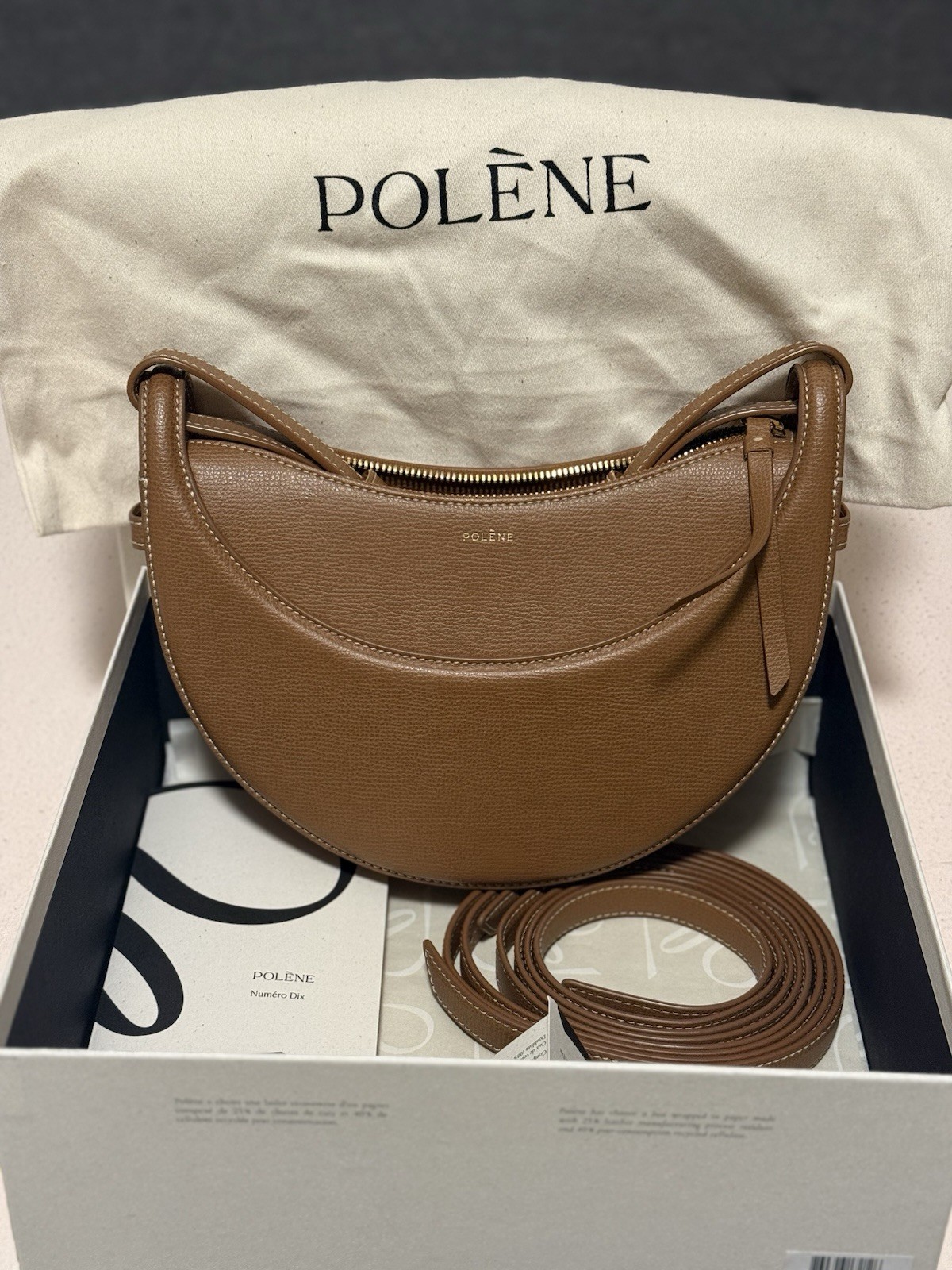 Polène Numéro Dix Schultertasche Leder Braun Reißverschluss Staubbeutel Box