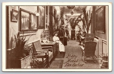 Hotel San Carlos San Jose CA Vintage Postcard California lobby indoor setting