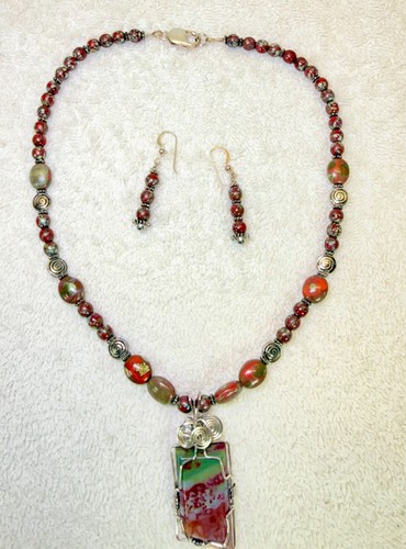Handmade Jasper Beaded Necklace & Earrings Set Sterling Silver 925 Wire Wrapped - Afbeelding 6 van 12