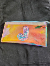  78 Iredescent pencil case with Rhinestone "J" on the front zip close
