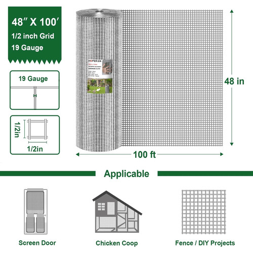HOPERAN HARDWARE CLOTH 1/2 INCH 48 X 100 FT MESH 19 GAUGE CHICKEN WIRE - STEEL