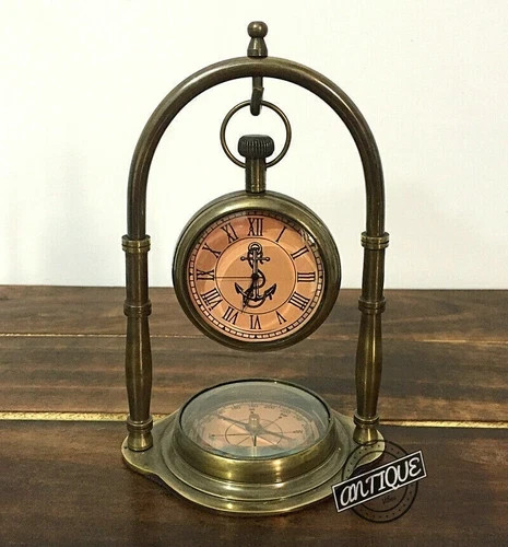 Victorian Vintage Desk Clock Mantle with Compass Brass Christmas gift - Picture 4 of 6