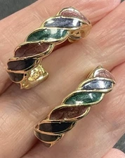 Vintage 1” Red Green & Blue Enameled Gold Tone Hoop Earrings