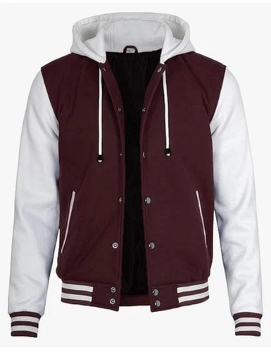 Men's Maroon & White Hooded Varsity Jacket Letterman Baseball Bomber - product listing photo