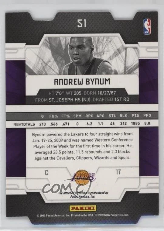 2009-10 Donruss Elite Gold Status Die-Cut Auto /24 Andrew Bynum #51 Auto - Image 2 of 2