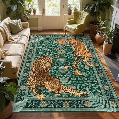 Tiger Print 5x7 Rug Green Cheetah Washable Boho Carpet