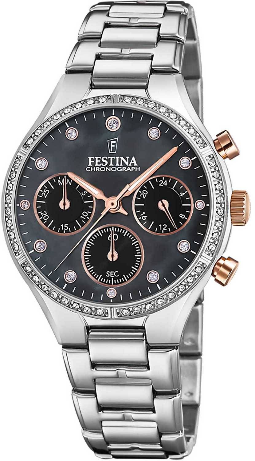 Festina Argento Orologio Da Polso, Boyfriend, (Cronografo, Orologio Analogico, Orologio Con Pietra Preziosa, 36 Mm) - Immagine 2