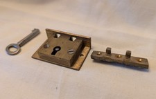 Small Antique Brass Chest Lock Mechanism - 2 Lever, With Key 1.5" x 1"