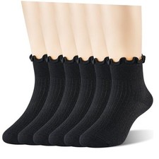 Age 3-10 Girls 100 Cotton Ruffle Socks, Cute Soft Large-X-Large 6 Pairs Black