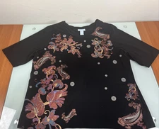 Liz & Me Women’s 0X Paisley Floral Top Black Short Sleeve Plus Size 14 16W