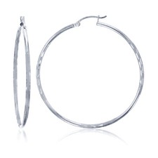 2mm X 70mm 2 3/4" Shiny Diamond Cut Round Hoop Earrings Real 14K White Gold