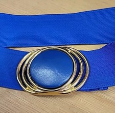 Vtg 80s Retro Women s Stretch Belt Sz S/27 Blue Elastic Gold Round Oval Buckle