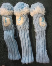 #1,3 X wood lot, Golf Club Head Cover Pom Pom Tassel Blue ,white Dunlop VTG knit