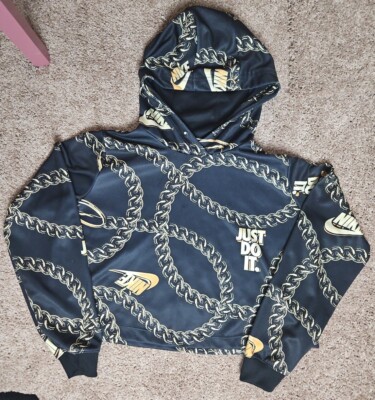 Nike Sportswear Icon Clash Crop Top Hoodie Women's Large Black Gold Logo 