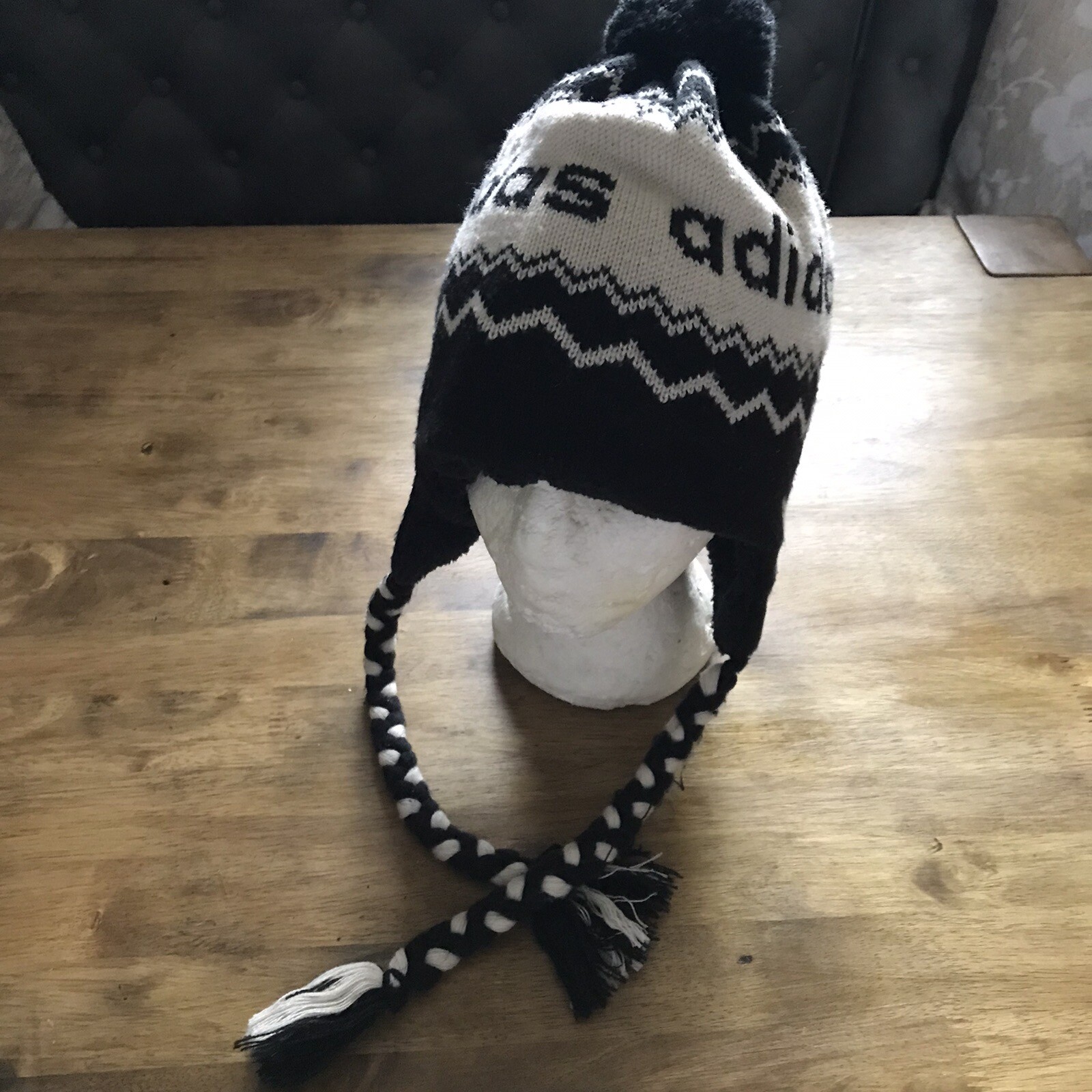 ADIDAS Peruvian Bobble Hat Plaits Black & White Faux Fur Lined Trapper Tre Foil eBay