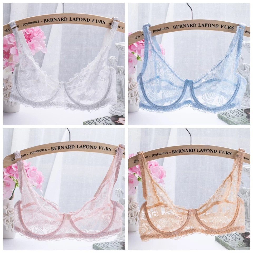 9 Colors Women Mesh Ultra Sheer Lace Ultra Thin Transparent Bra 34 36 38 40 BC - Image 2 of 4
