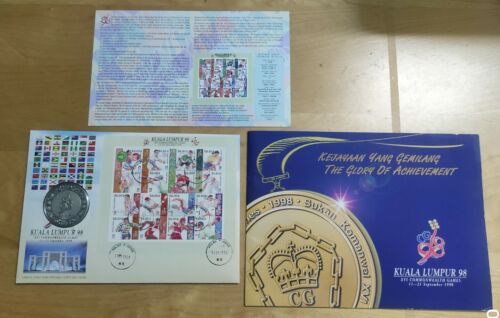 Malaysia Stamp FDC 1998 Commonwealth Games c/w KL98 SUKOM Pewter Medallion Coin - Picture 1 of 12