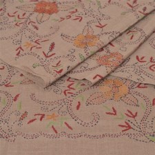 Sanskriti Vintage Brown 100 Pure Woolen Shawl Handmade Kantha Long Throw Stole