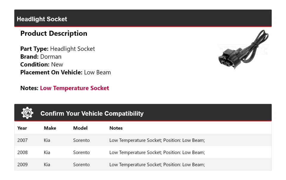 Enchufe de faros de haz bajo 2008 para Kia Sorento Dorman 2007-2009 Foto 2 de 4
