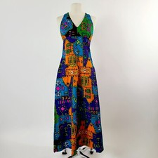 Vintage 60s 70s Barkcloth Halter Dress S/M Psychedelic Geo Maxi Sundress Tieback
