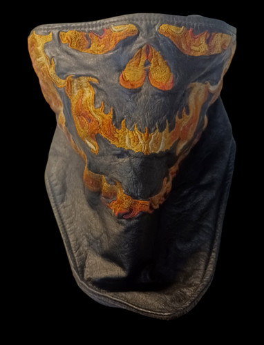 Vtg Black Leather Face Cover - Flaming Skull Mask - High Quality & Badass!