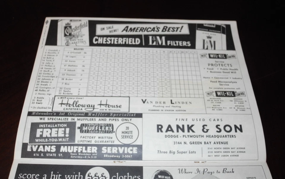 1956 Milwaukee Braves vs Phillies Baseball Scorecard Program Unscored 8/25 - Image 3 of 4