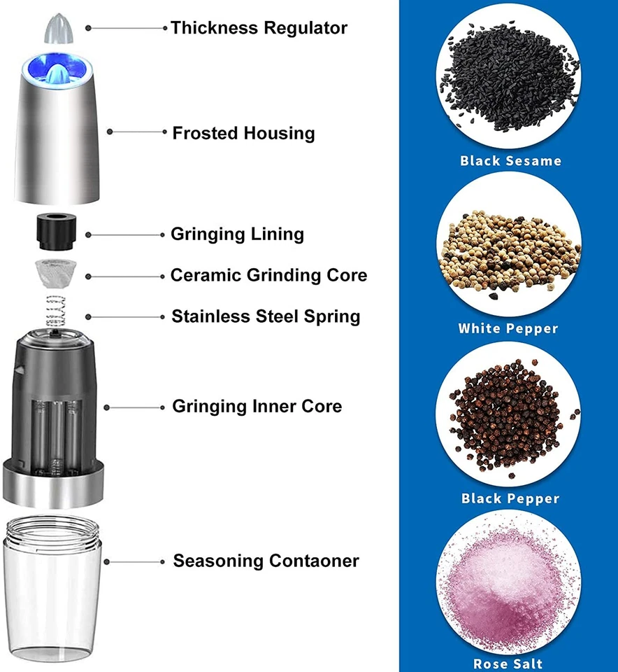US Electric Battery Salt Pepper Grinder Adjustable Shakers Automatic Stainless - Image 2 of 4