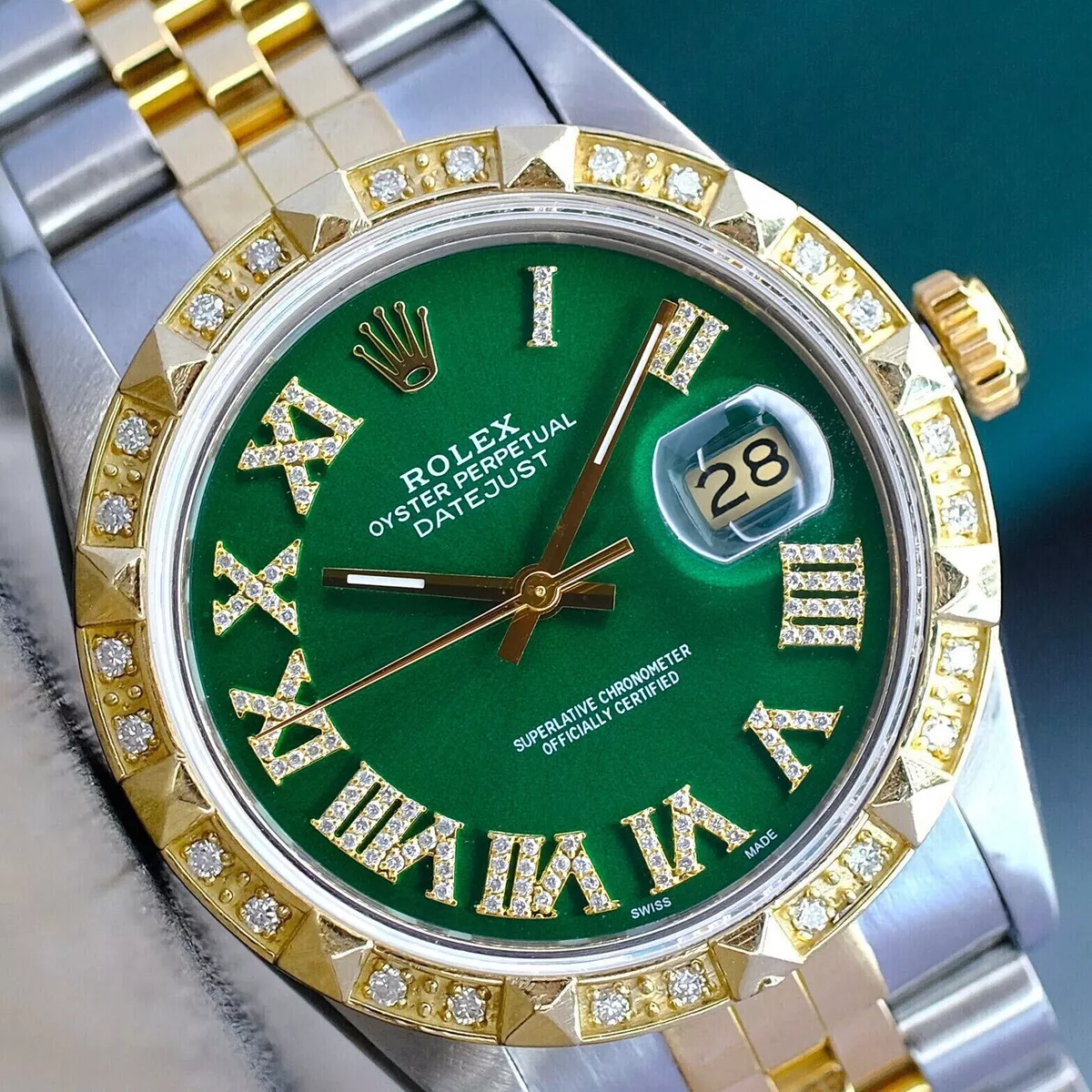 ROLEX DATEJUST TWO TONE GREEN ROMAN NUMERAL DIAL DIAMOND BEZEL 36MM MENS WATCH
