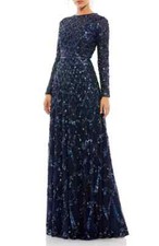 Mac Duggal Midnight Blue Beaded Sequin Long Sleeve A-Line Gown Size 22 $698