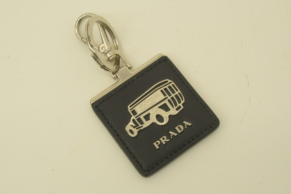 Authentic Prada Leather Keychain SP Car Logo Silver Dangle Bag