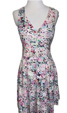 Guess Women’s White Abstract Watercolor Dress  V Neck Sleeveless Pleated Size 6