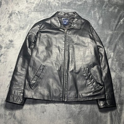 Vintage GAP Leather Jacket Mens Medium Black Full Zip 90s Y2K Motorcycle Heavy