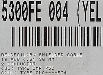 Belden 5300FE 18/2C Shielded Twisted Audio/Speaker/Alarm Cable CMR Yellow /100ft