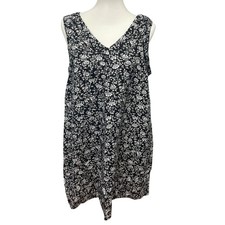 LOFT Womens Medium Sleeveless Black White Floral Linen Viscose Blend Dress