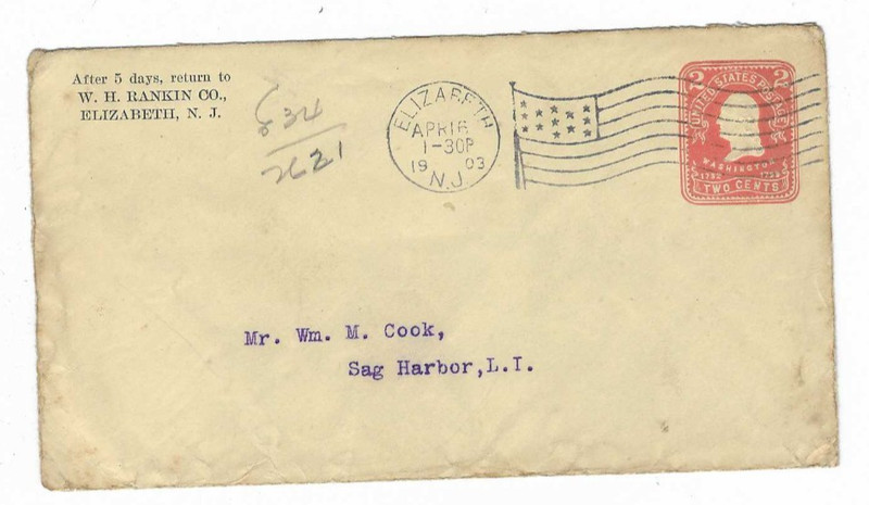 1903 W H Rankin Co - Roofing - Elizabeth, New Jersey Flag Canceled Cover