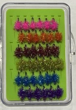 36ea Krystal Flash Estaz Eggs, #10 Hook, 6 Colors w/Flybox. Salmon & Steelhead!