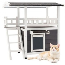 HOT/ Outdoor Cat House,2-Story Wooden Cat Shelter w/Stairs  Balcony,Elevated F