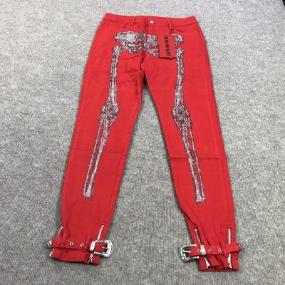 New Guapi Dead Or Alive Jeans Mens 30x30 Red Skinny Rhinestone Skeleton Denim