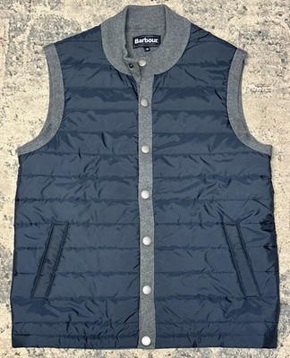 Barbour Essential Gilet Knit Quilted Vest Grey Navy Mens Size Medium Button Down