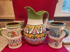 Beautiful Hand Painted Mexican Pottery Pitcher With 4 Large Tumblers W/ Handles