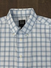 Jos A Bank Travelers Tailored Fit Mens Button Down Blue Plaid Dress Shirt Size L