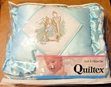 Vtg Quiltex Peter Rabbit Baby Blue Quilt Pillow Set w tag Orig Pkg Small Pull