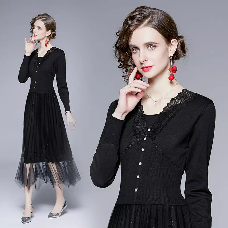 Vestido Mujer Elegante Largo Suave Negro Pedrería Suéter Satén Chifón Con 21752